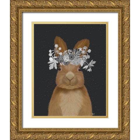 Rabbit, White Flowers Gold Ornate Wood Framed Art Print with Double Matting by Fab Funky