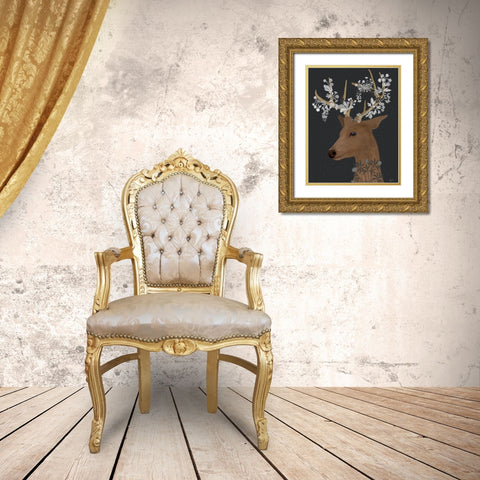 Deer, White Flowers Gold Ornate Wood Framed Art Print with Double Matting by Fab Funky
