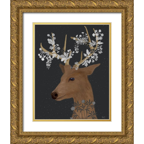 Deer, White Flowers Gold Ornate Wood Framed Art Print with Double Matting by Fab Funky