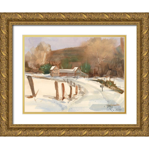 Connecticut Barns in Winter Gold Ornate Wood Framed Art Print with Double Matting by Calcasola, Stephen