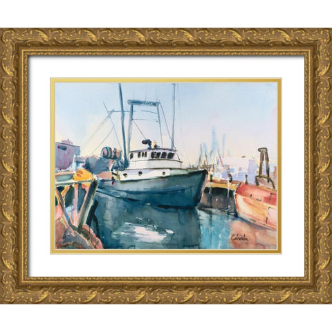 Point Judith Rhode Island Harbor Gold Ornate Wood Framed Art Print with Double Matting by Calcasola, Stephen
