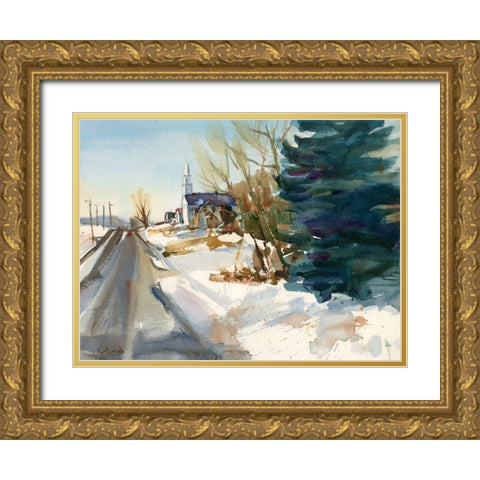 Congregational Church in Winter Gold Ornate Wood Framed Art Print with Double Matting by Calcasola, Stephen