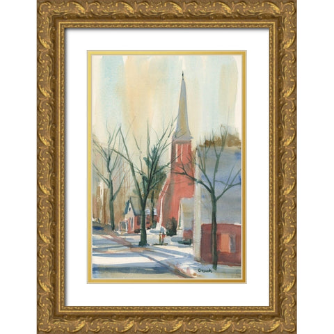 New England Main Street Gold Ornate Wood Framed Art Print with Double Matting by Calcasola, Stephen