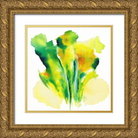 Neon Floral Green Gold Ornate Wood Framed Art Print with Double Matting by Combs, Joyce