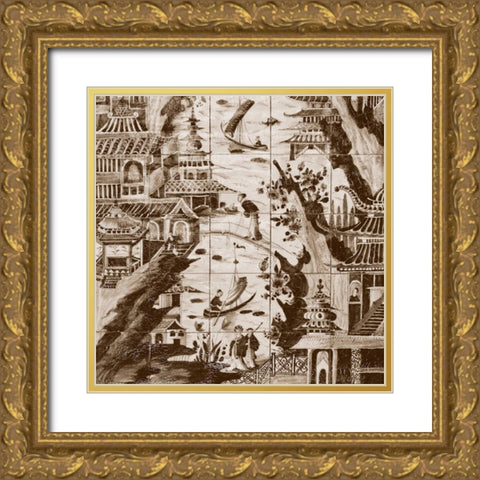 Sepia Delft Tiles II Gold Ornate Wood Framed Art Print with Double Matting by Unknown