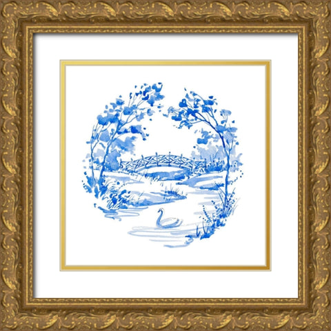 Blue Garden Impressions IV Gold Ornate Wood Framed Art Print with Double Matting by Unknown