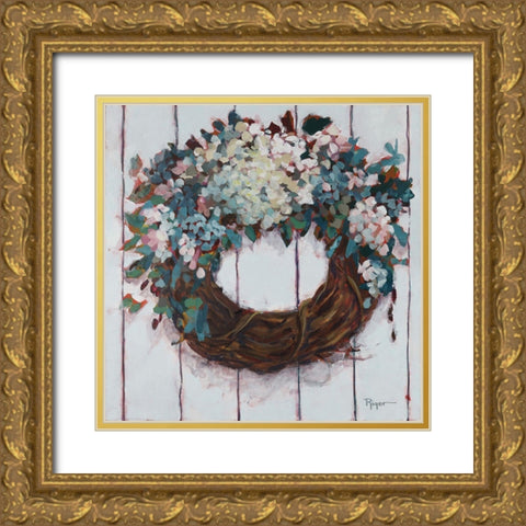 Welcoming Gate Wreath Gold Ornate Wood Framed Art Print with Double Matting by Riger, Sue