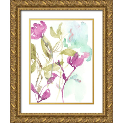 Fuchsia And Olive Bouquet I Gold Ornate Wood Framed Art Print with Double Matting by Goldberger, Jennifer