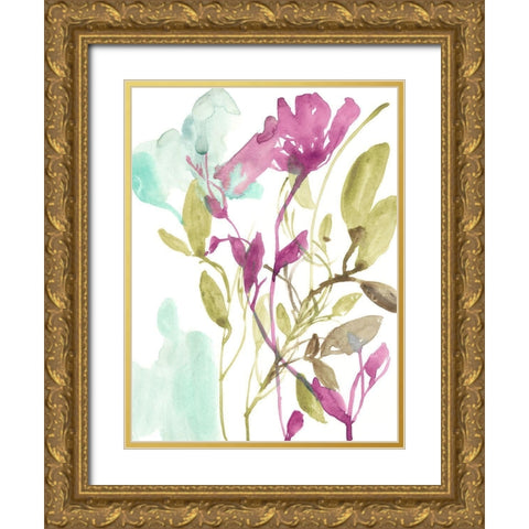 Fuchsia And Olive Bouquet II Gold Ornate Wood Framed Art Print with Double Matting by Goldberger, Jennifer