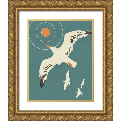 Seagull Block Print I Gold Ornate Wood Framed Art Print with Double Matting by Green, Jacob
