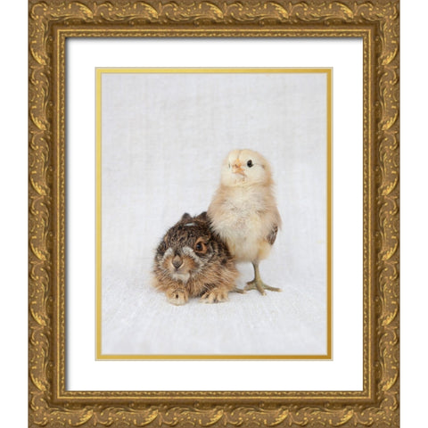 Chick And Baby Rabbit Gold Ornate Wood Framed Art Print with Double Matting by Soderman, Tania