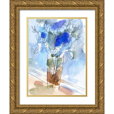 Bunch of Blue Flowers I Gold Ornate Wood Framed Art Print with Double Matting by Wang, Melissa