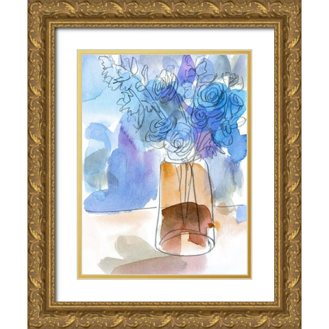 Bunch of Blue Flowers III Gold Ornate Wood Framed Art Print with Double Matting by Wang, Melissa