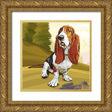 Bashful Basset Gold Ornate Wood Framed Art Print with Double Matting by Curinga, Kim