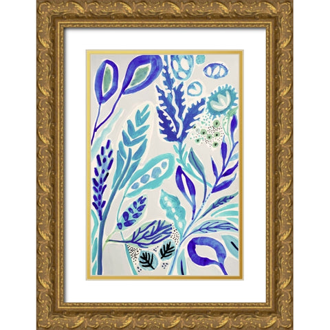 Leaves in Blue I Gold Ornate Wood Framed Art Print with Double Matting by Fields, Karen