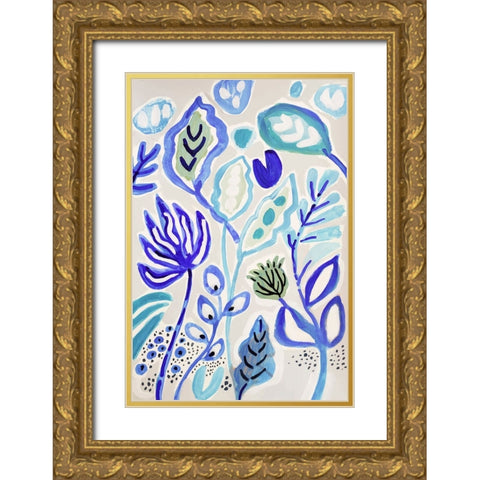 Leaves in Blue II Gold Ornate Wood Framed Art Print with Double Matting by Fields, Karen