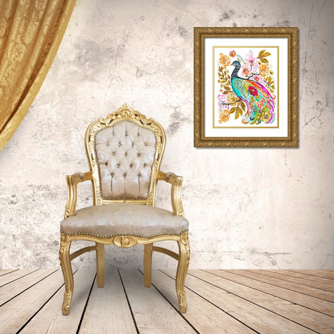 Sweet Peacock Gold Ornate Wood Framed Art Print with Double Matting by Fields, Karen