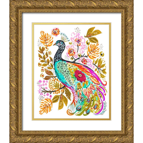 Sweet Peacock Gold Ornate Wood Framed Art Print with Double Matting by Fields, Karen