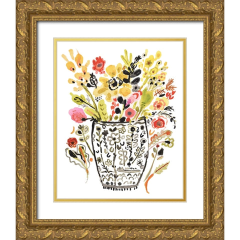 Inked Yellow Flowers in Vase Gold Ornate Wood Framed Art Print with Double Matting by Fields, Karen