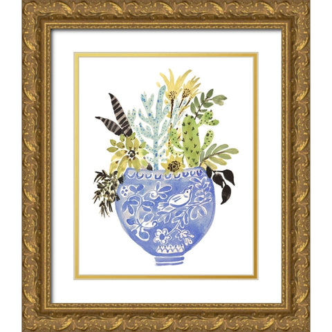 Delft Bird Vase Gold Ornate Wood Framed Art Print with Double Matting by Fields, Karen