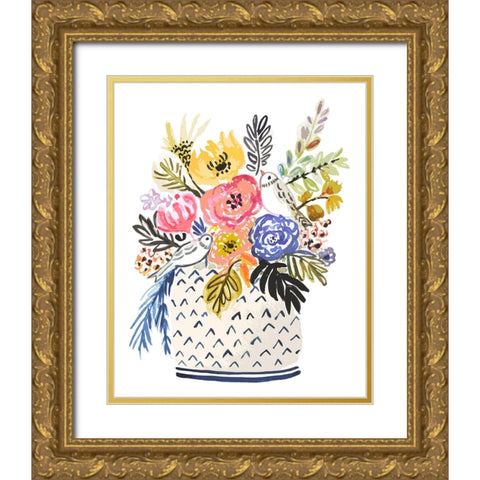 Cottage Bird Vase Gold Ornate Wood Framed Art Print with Double Matting by Fields, Karen