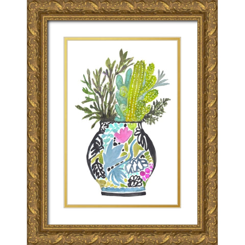 Painted Vase With Cactus Gold Ornate Wood Framed Art Print with Double Matting by Fields, Karen