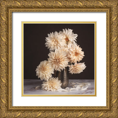 A Dahlia Cascade Gold Ornate Wood Framed Art Print with Double Matting by McLean, Leah