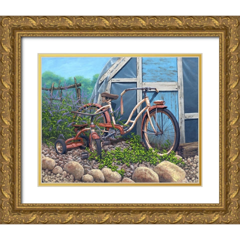 Big Bike Little Trike Gold Ornate Wood Framed Art Print with Double Matting by Courtney, Richard