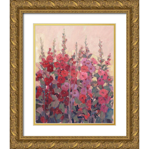 Hollyhocks in a Row II Gold Ornate Wood Framed Art Print with Double Matting by OToole, Tim