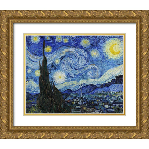Starry Night Gold Ornate Wood Framed Art Print with Double Matting by Van Gogh, Vincent