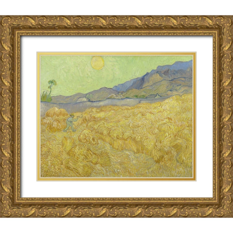 Wheatfield with a reaper Gold Ornate Wood Framed Art Print with Double Matting by Van Gogh, Vincent