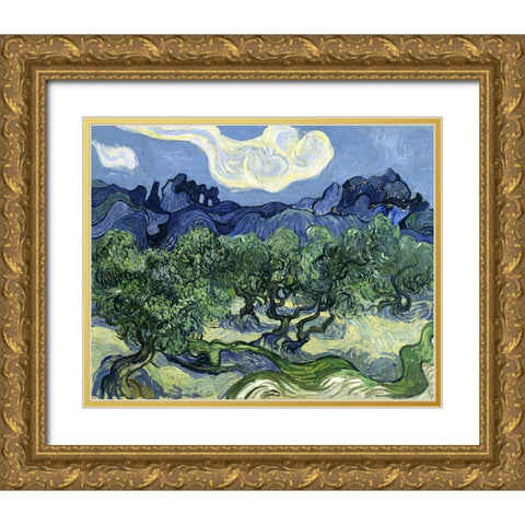 Olive Trees with the Alpilles in the Background Gold Ornate Wood Framed Art Print with Double Matting by Van Gogh, Vincent
