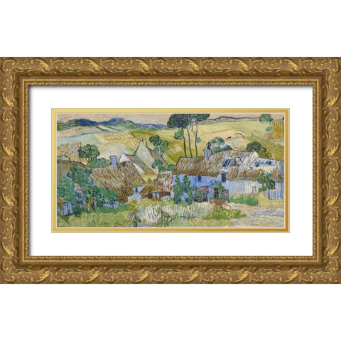 Farms near Auvers Gold Ornate Wood Framed Art Print with Double Matting by Van Gogh, Vincent