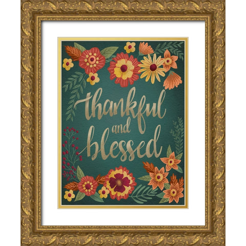 Autumn Flowers Thankful I Gold Ornate Wood Framed Art Print with Double Matting by Moore, Regina