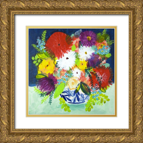 Summer Bouquet With Blue Vase I Gold Ornate Wood Framed Art Print with Double Matting by Hampe, Shelley