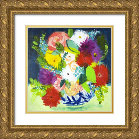 Summer Bouquet With Blue Vase III Gold Ornate Wood Framed Art Print with Double Matting by Hampe, Shelley