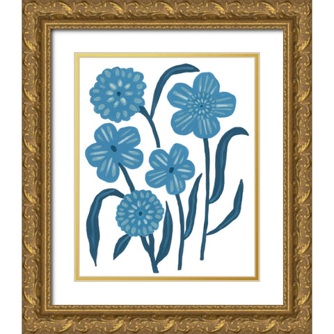 Blue Folk Florals II Gold Ornate Wood Framed Art Print with Double Matting by Vess, June Erica