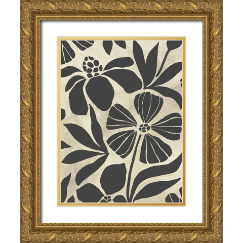 Linocut Garden I Gold Ornate Wood Framed Art Print with Double Matting by Vess, June Erica