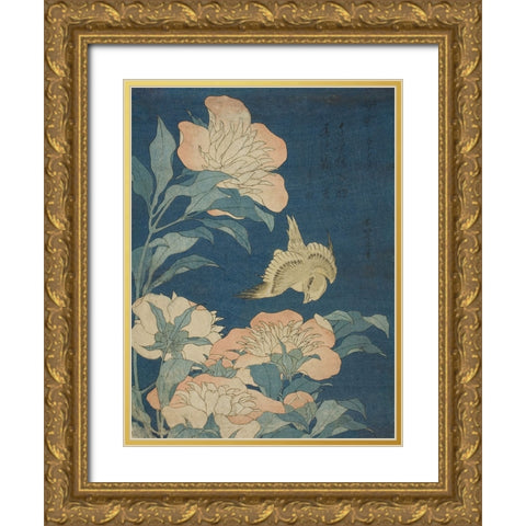 Hokusais Blossoms on Indigo II Gold Ornate Wood Framed Art Print with Double Matting by Hokusai, Katsushika