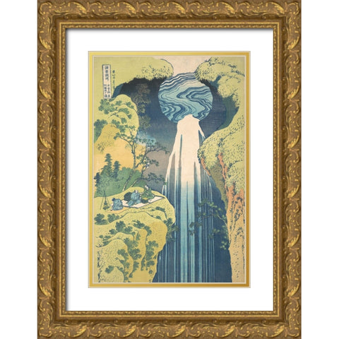 Hokusais Waterfalls II Gold Ornate Wood Framed Art Print with Double Matting by Hokusai, Katsushika