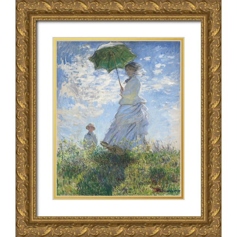 Woman with Parasol Gold Ornate Wood Framed Art Print with Double Matting by Monet, Claude