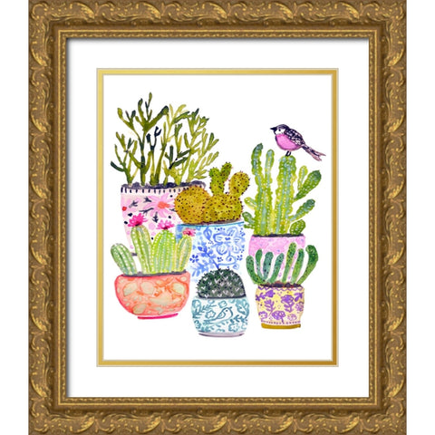 Cactus and Pink Bird Gold Ornate Wood Framed Art Print with Double Matting by Fields, Karen