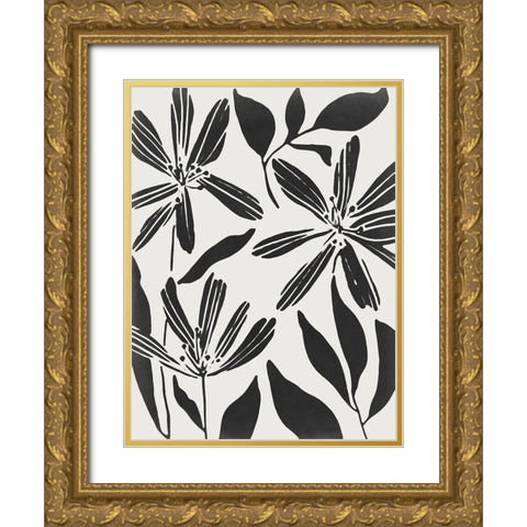 Black Flower Blooming II Gold Ornate Wood Framed Art Print with Double Matting by Wang, Melissa