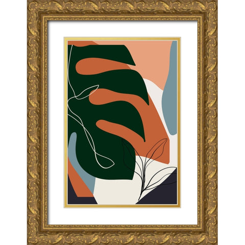 Boho Leaves IV Gold Ornate Wood Framed Art Print with Double Matting by Arctic Frame