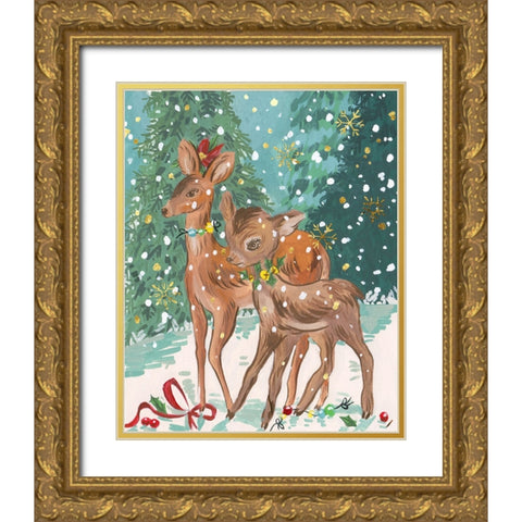 Doe and Fawn I Gold Ornate Wood Framed Art Print with Double Matting by Wang, Melissa