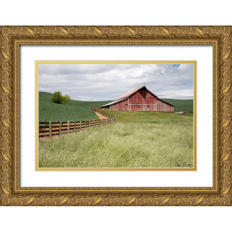 Barn by the Fence Gold Ornate Wood Framed Art Print with Double Matting by Drost, David