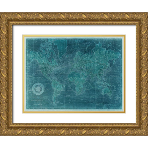Azure World Map Gold Ornate Wood Framed Art Print with Double Matting by Vision Studio