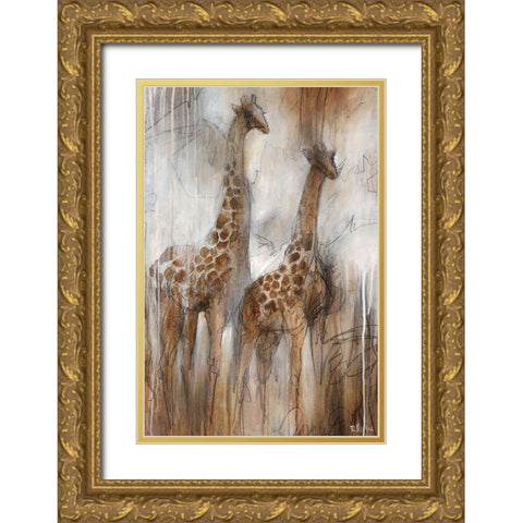 Giraffe Study Gold Ornate Wood Framed Art Print with Double Matting by Drotar, Rikki