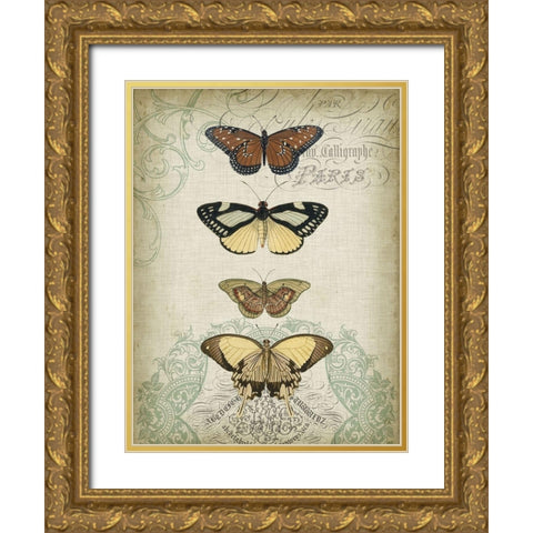 Cartouche and Butterflies I Gold Ornate Wood Framed Art Print with Double Matting by Goldberger, Jennifer