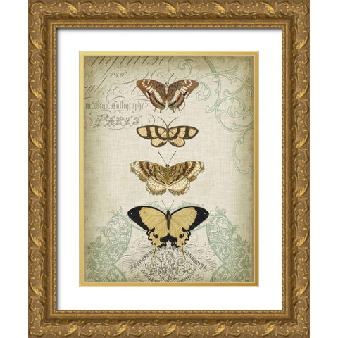 Cartouche and Butterflies II Gold Ornate Wood Framed Art Print with Double Matting by Goldberger, Jennifer